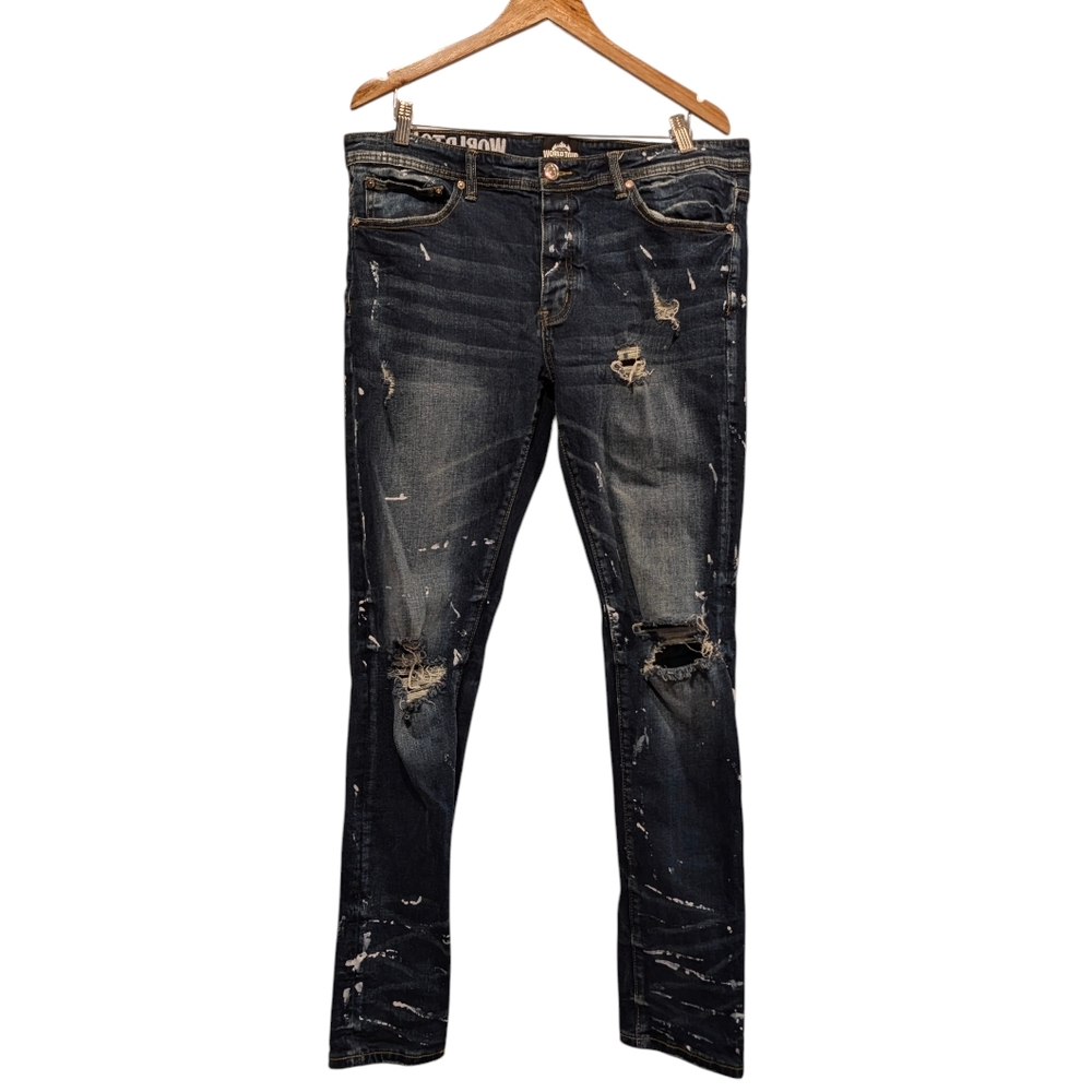 World Tour Men's Distressed Ripped Splash Skinny Jeans Size 36
